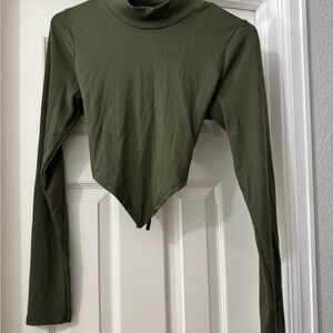 Olive Green Ribbed Turtleneck Crop Top